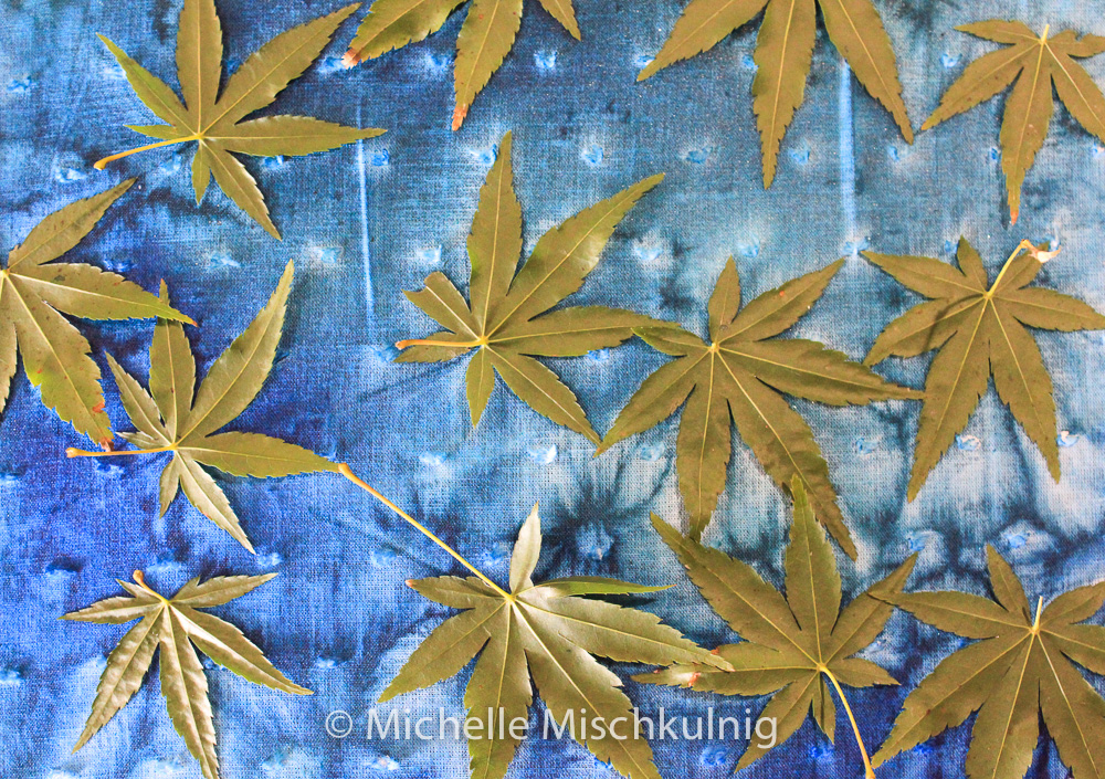 Dye has been painted on a textured cotton then the leaves placed on top.